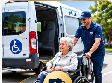 Wheelchair-accessible medical transportation van assisting a passenger